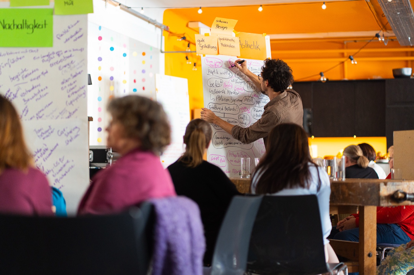 Workshop in Unsere Tischlerei in Melk: eine Person schreibt Stichworte zu Gestaltung, Material und Ästhetik auf ein Flipchart, davor sitzen Teilnehmer:innen im warmen Licht der Werkstatt.